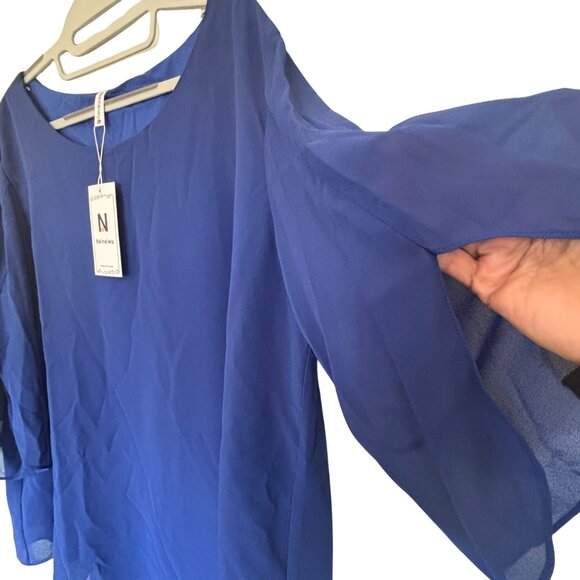 Royal Blue Layered Chiffon Blouse With Flowy 3/4 Bell Sleeves Neineiwu Size XL - Picture 6 of 9